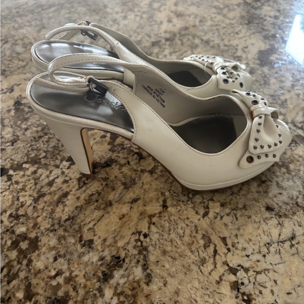 White Stud Bow Slingback Heels